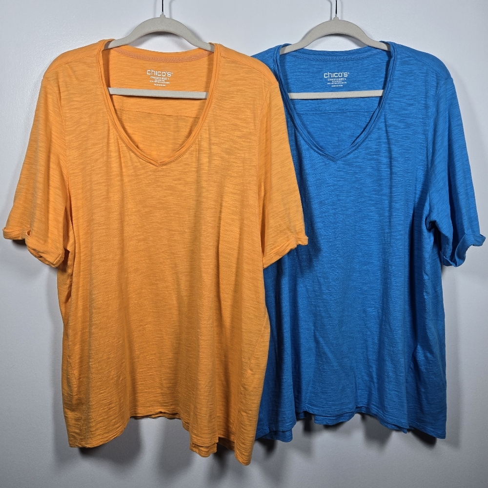 Chico's Bundle Of 2 V-Neck T-Shirt Tee Tops Plus Size XXL Blue Orange